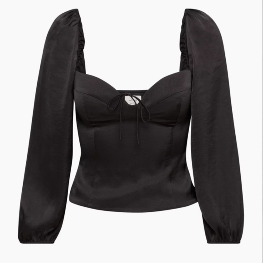 XS WILFRED Novella Blouse Black ARITZIA | satin corset busier crop 3/4 sleeve